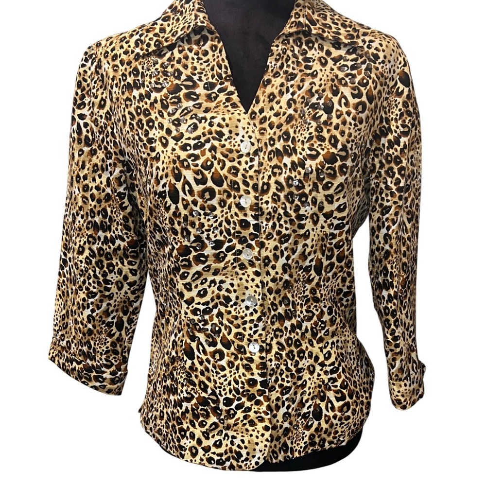 Silkland Womens Silk Leopard Print Sequin Button Down Blouse Tan Brown Medium